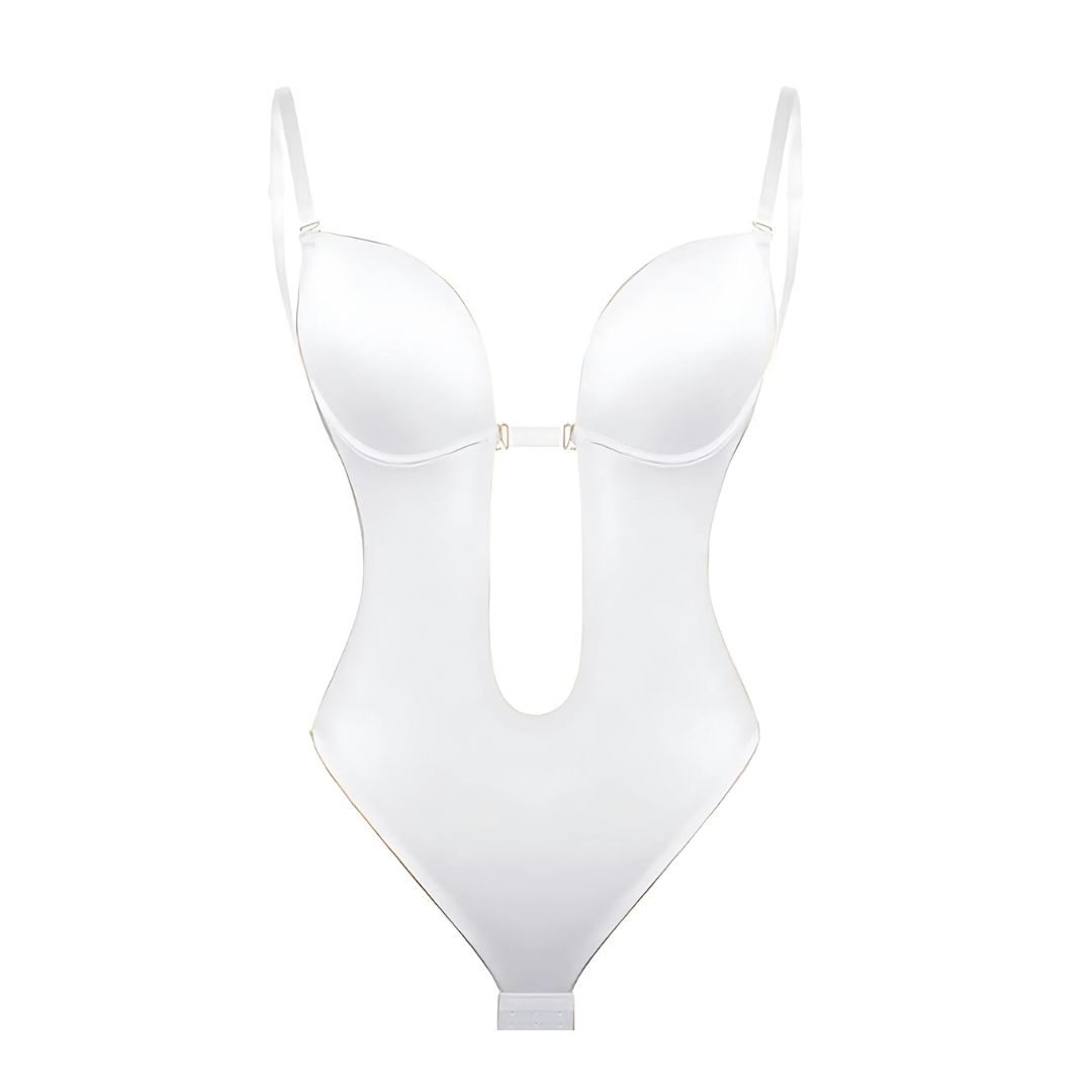 Low-Cut Seamless Black Shapewear Bodysuit with Adjustable Straps and Built-in Bra Pillow for Enhanced Support