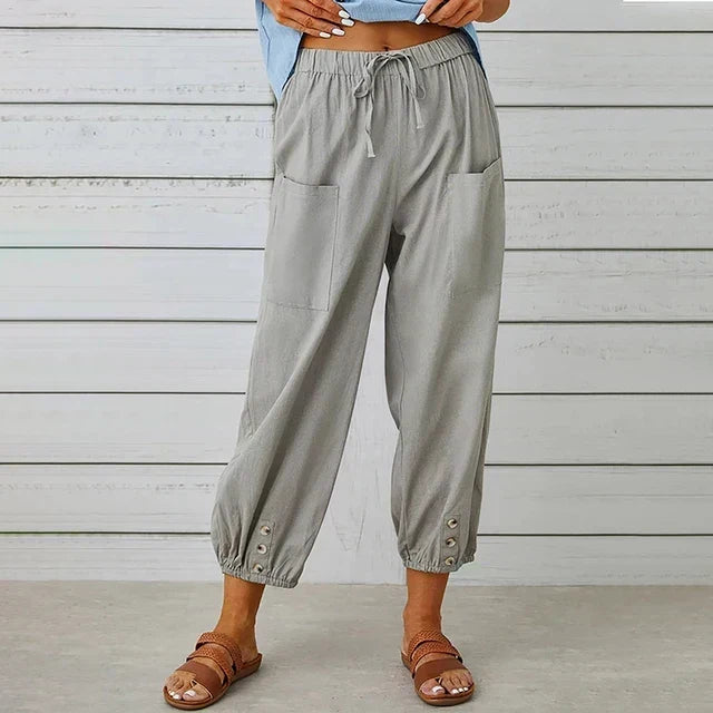 Comfortable Casual Capri Pants for Women with Adjustable Drawstring Waist and Functional Pockets in Cotton and Linen