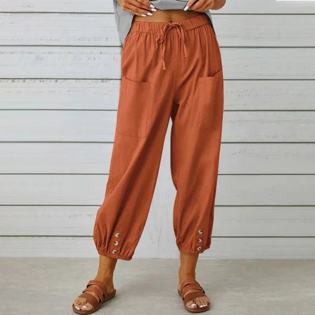 Comfortable Casual Capri Pants for Women with Adjustable Drawstring Waist and Functional Pockets in Cotton and Linen