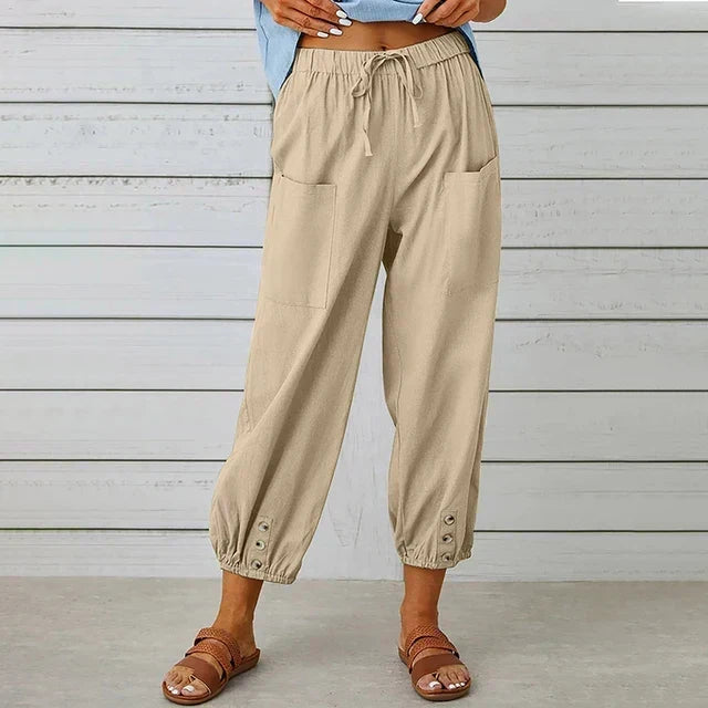 Comfortable Casual Capri Pants for Women with Adjustable Drawstring Waist and Functional Pockets in Cotton and Linen
