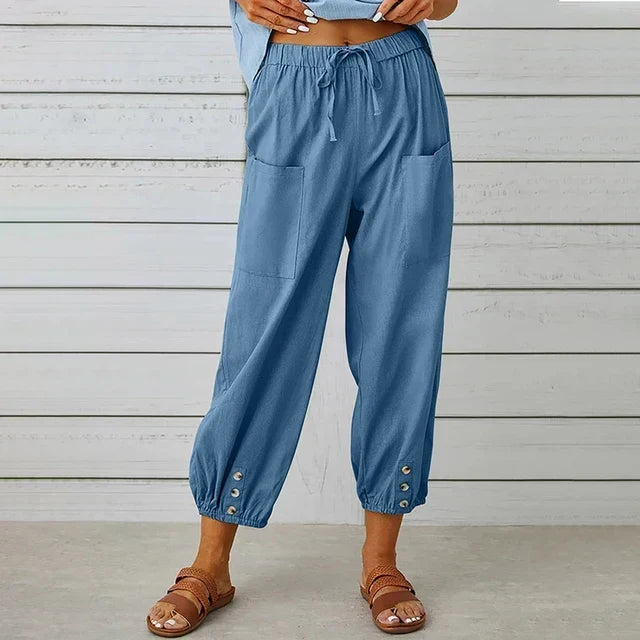 Comfortable Casual Capri Pants for Women with Adjustable Drawstring Waist and Functional Pockets in Cotton and Linen