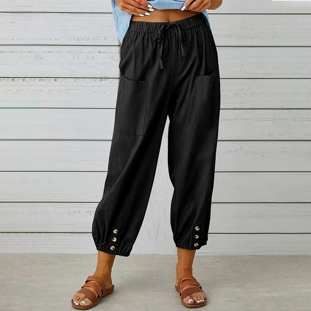 Comfortable Casual Capri Pants for Women with Adjustable Drawstring Waist and Functional Pockets in Cotton and Linen