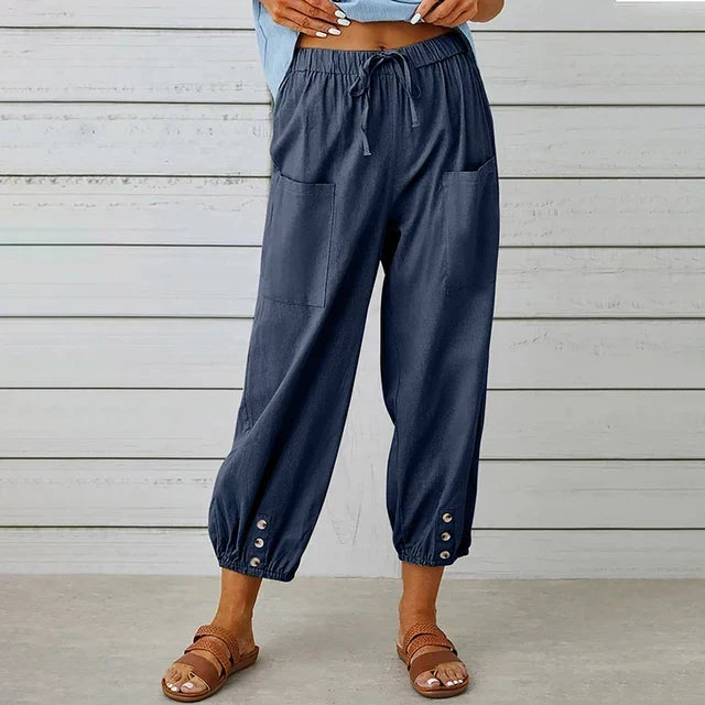 Comfortable Casual Capri Pants for Women with Adjustable Drawstring Waist and Functional Pockets in Cotton and Linen