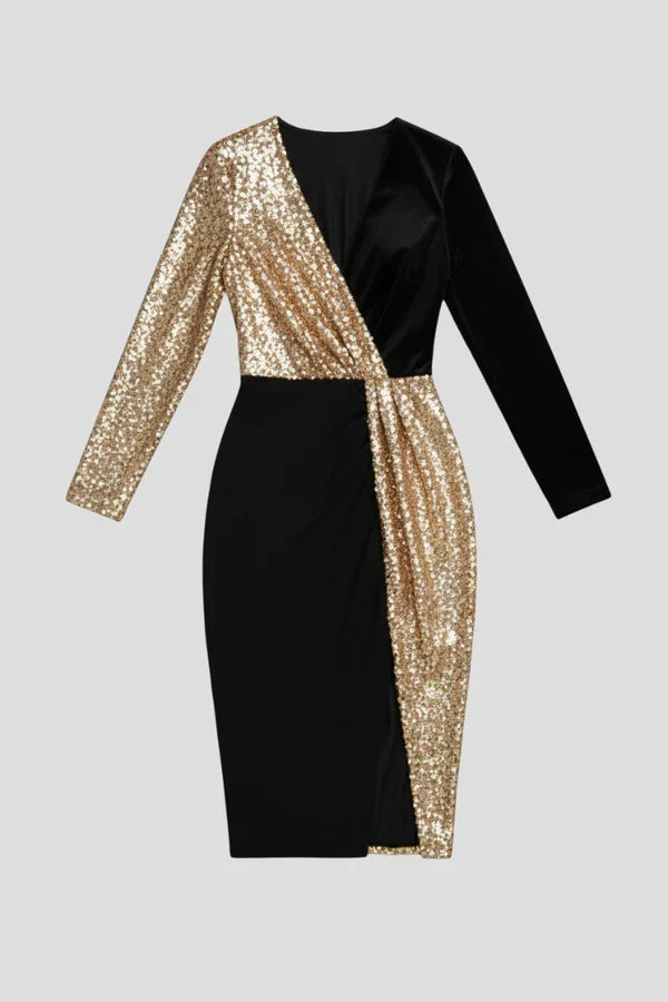Fitted Flattering Women’s Dress - V-Neck Wrap-Waist, Sequined Panel, Eveningwear