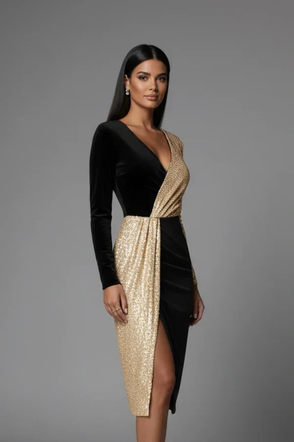 Fitted Flattering Women’s Dress - V-Neck Wrap-Waist, Sequined Panel, Eveningwear