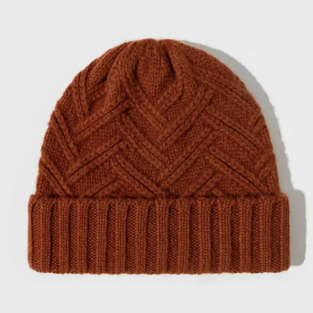 Warm Classic Wool Beanie - Ribbed Cuff, Chevron Knit