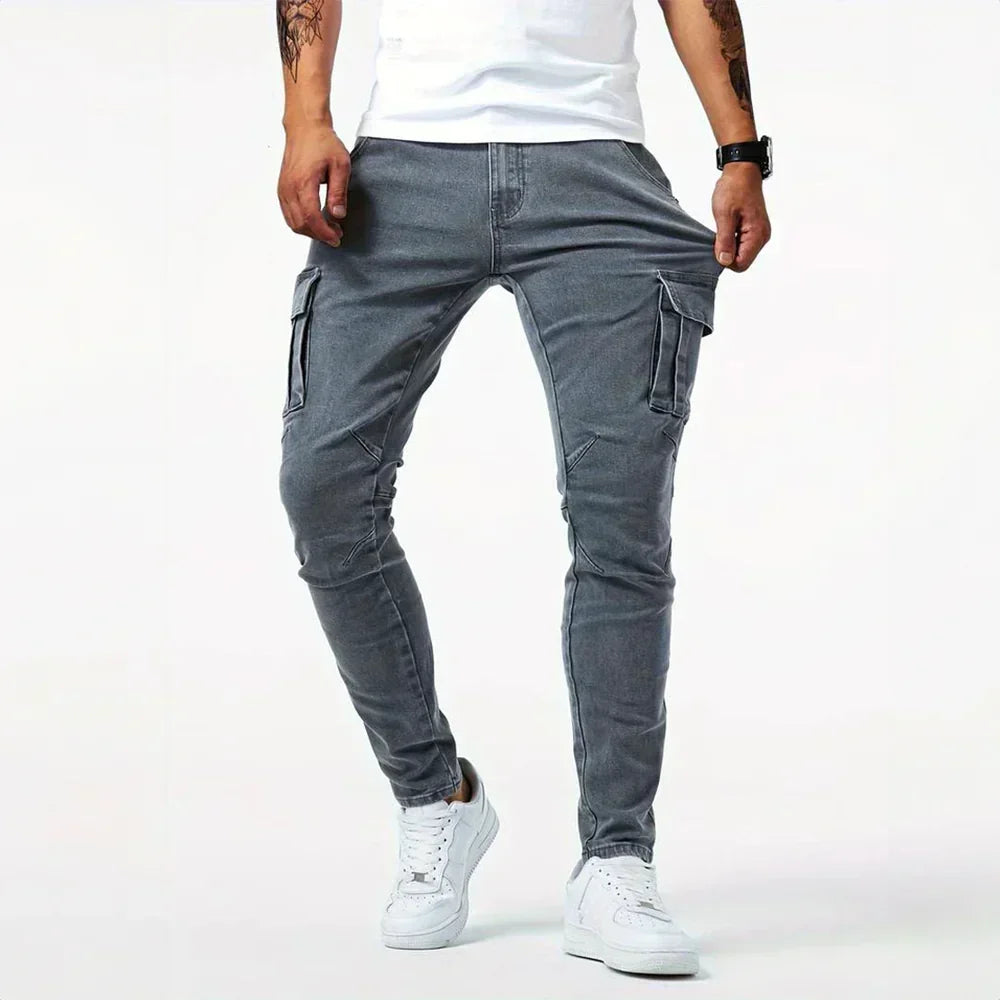 Stretch Cargo Jeans for Men, Comfortable Fit with Functional Pockets, Elastic Denim for Versatile Style