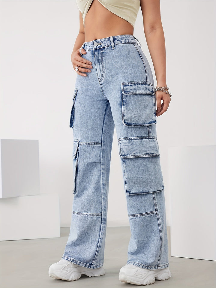 High-Waist Cargo Pants for Women in Medium Blue, Stretch Fabric, Straight-Leg Fit, Stylish Snowflake Design