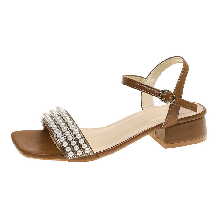 Lightweight Women’s Sandals - Mid-Heel Square Toe, Pearl-Embellished Straps, PU, For Summer