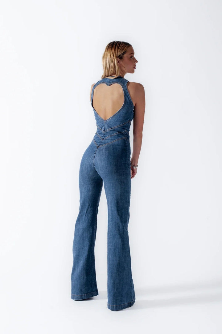 90s Inspired Denim Overalls for Women, Body-Hugging Fit, Classic Denim Blue, Easy Care Jean Sweater