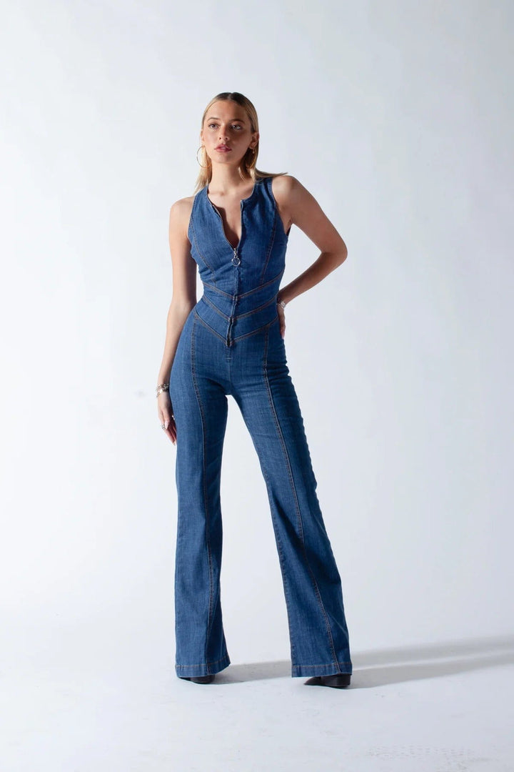 90s Inspired Denim Overalls for Women, Body-Hugging Fit, Classic Denim Blue, Easy Care Jean Sweater