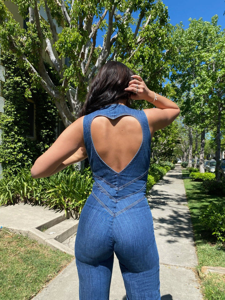 90s Inspired Denim Overalls for Women, Body-Hugging Fit, Classic Denim Blue, Easy Care Jean Sweater