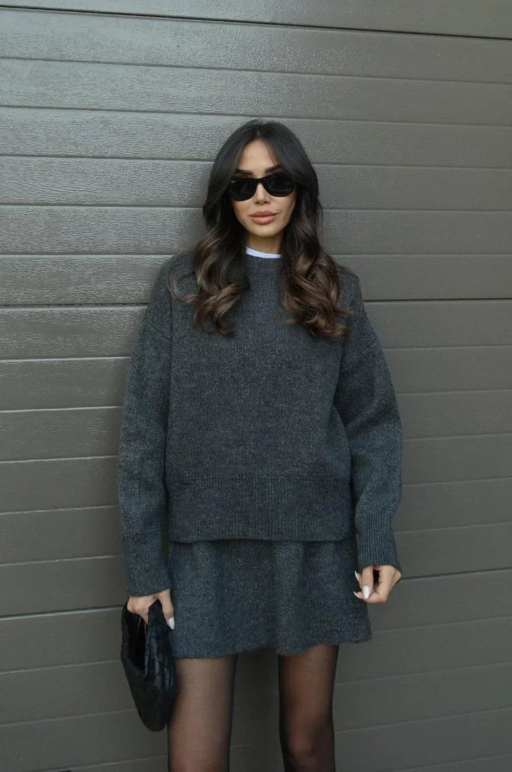 Soft Flattering Women’s Sweater Skirt Set - Pullover Crewneck, Knit High-Waist A-Line Mini Skirt For Fall