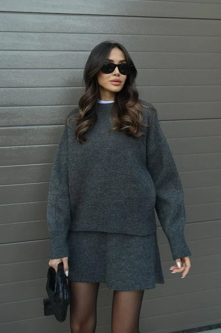 Soft Flattering Women’s Sweater Skirt Set - Pullover Crewneck, Knit High-Waist A-Line Mini Skirt For Fall