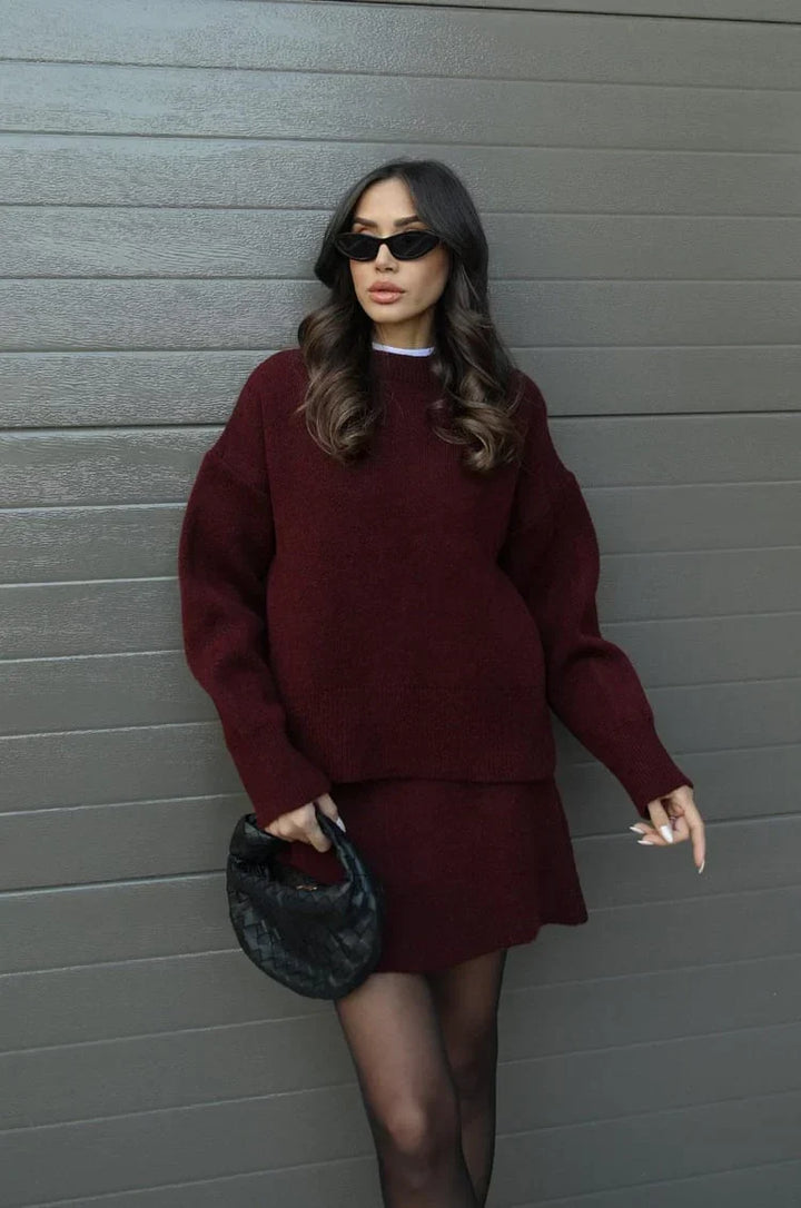 Soft Flattering Women’s Sweater Skirt Set - Pullover Crewneck, Knit High-Waist A-Line Mini Skirt For Fall