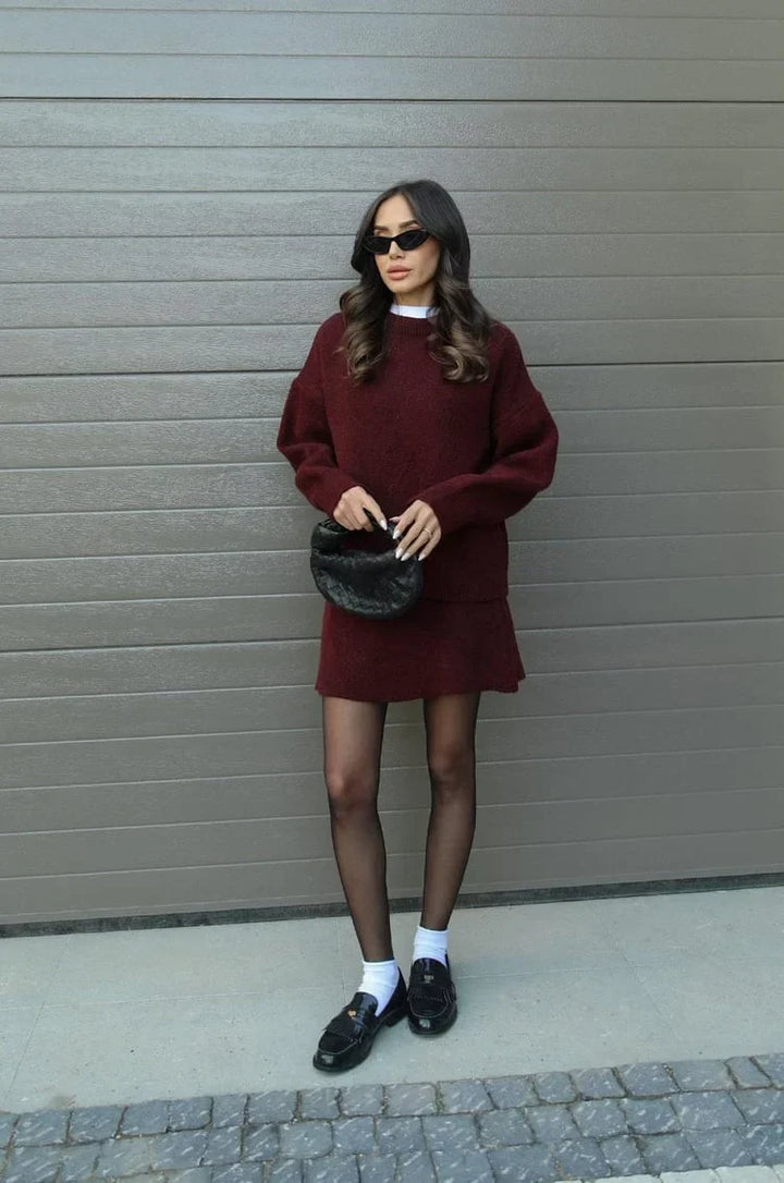 Soft Flattering Women’s Sweater Skirt Set - Pullover Crewneck, Knit High-Waist A-Line Mini Skirt For Fall