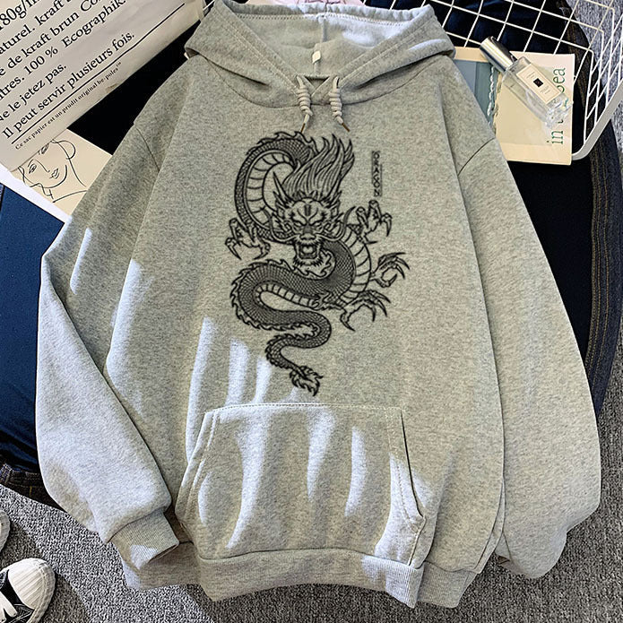 Warm Men’s Hoodie - Dragon Print Pullover, Polyester Casual