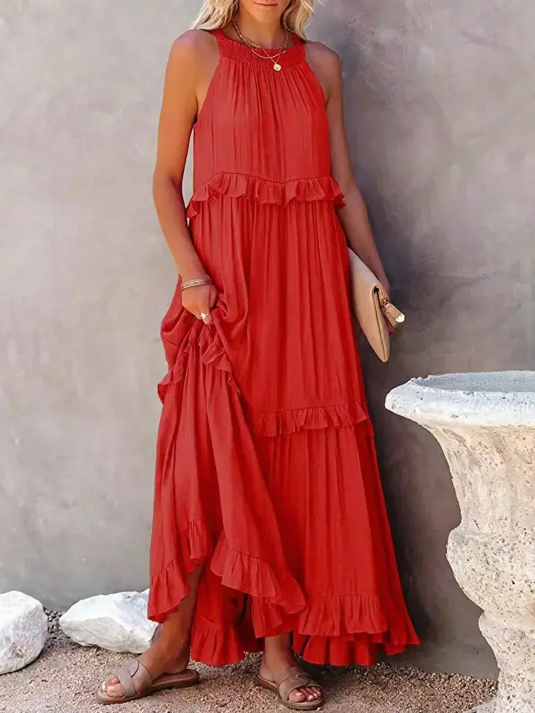Elegant Halter Ruffle Floral Maxi Dress for Women, Lightweight Bohemian Long Dress, Flowing Fit