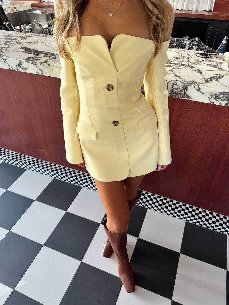 Tailored Off-Shoulder Blazer with Built-In Corset in Italian Suiting Fabric, Long Sleeve Elegant Fit