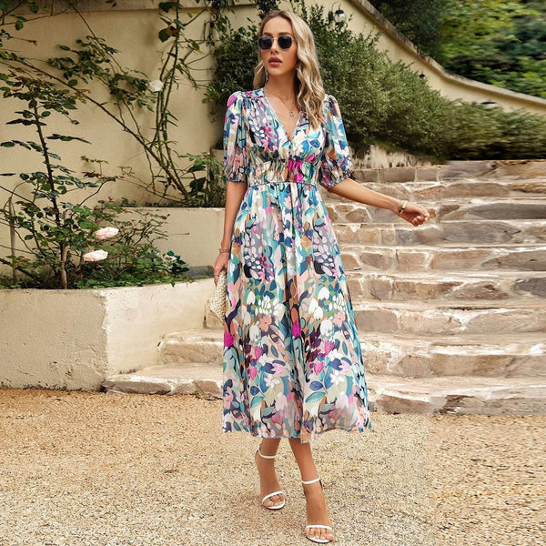 Womens Summer Midi Dress with Puff Sleeves and Floral Print, Elegant Wedding Guest Dress for Summer Events