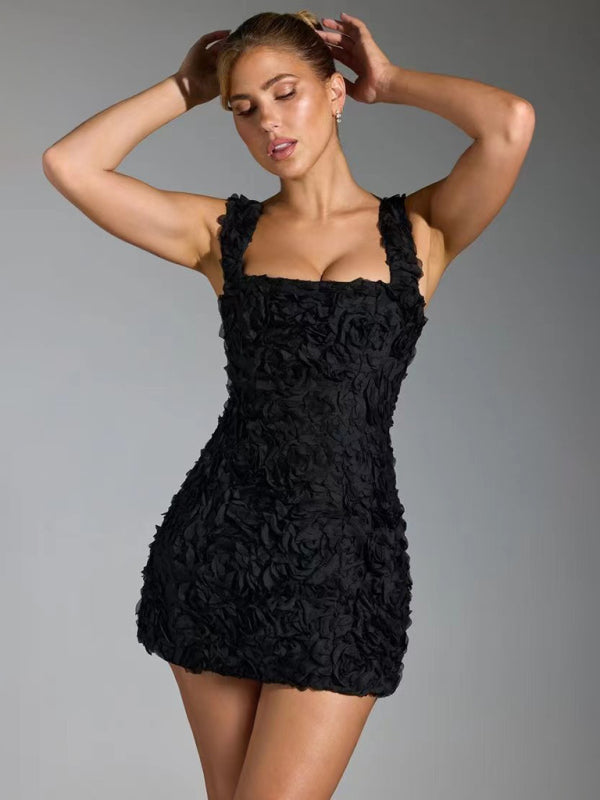 Floral Mini Dress with Suspender Design and 3D Flower Appliqu&