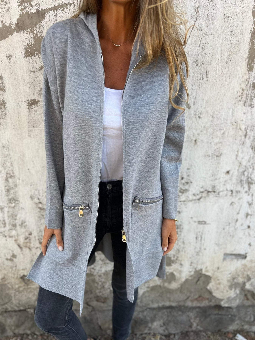 Lightweight Womens Long Hoodie - Fitted Zip Cotton Layering