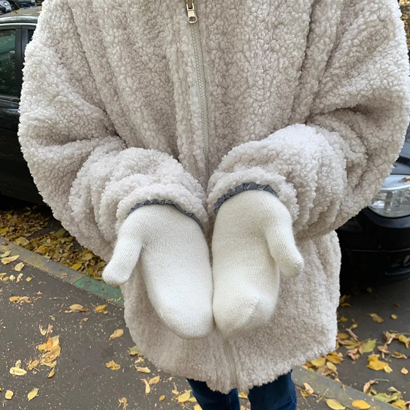 Warm Women Mittens - Ribbed Cuff Plush Faux Fur, Winter