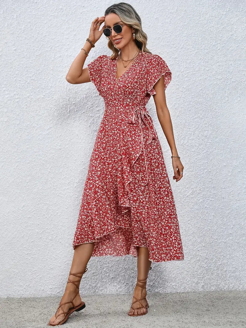 Elegant Womens Dress with Flutter Sleeves and Wrap Detail - Perfect for Wedding Guests and Summer Events