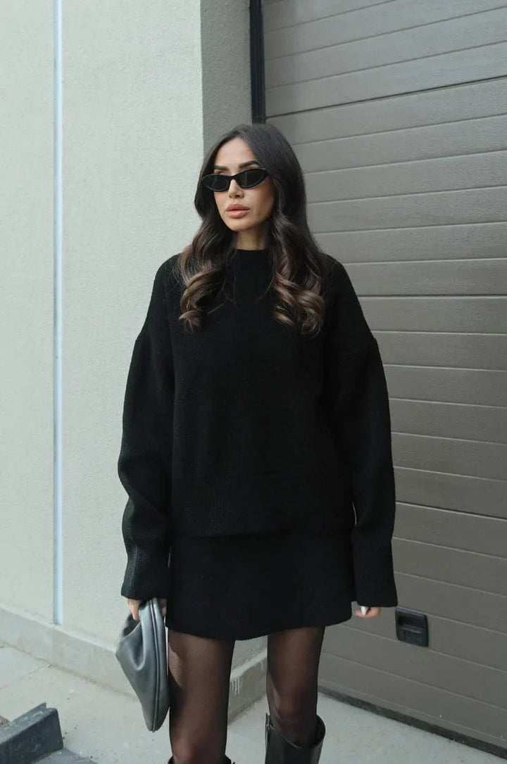 Soft Flattering Women’s Sweater Skirt Set - Pullover Crewneck, Knit High-Waist A-Line Mini Skirt For Fall