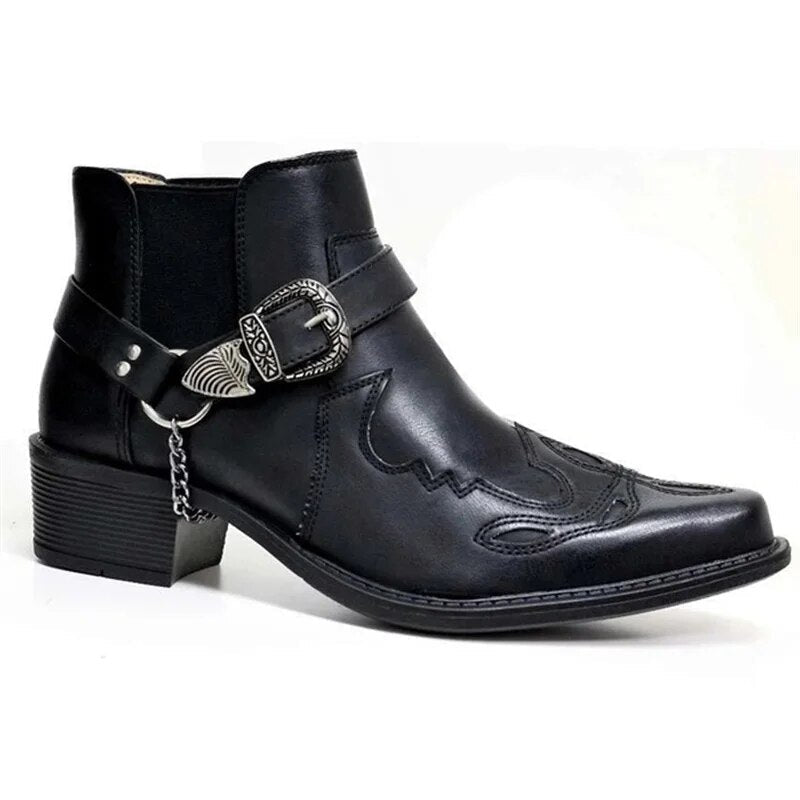 Handmade Leather Cowboy Boots for Men with Chain Buckle, Durable Motorcycle Style, Comfortable Fit